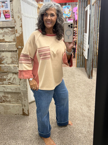 Latte ETHNIC PRINT MIX WASHED TERRY BOXY TOP