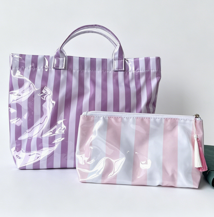 Colorful Color Block Striped Tote Bag Snap Waterproof Beach Bag Set