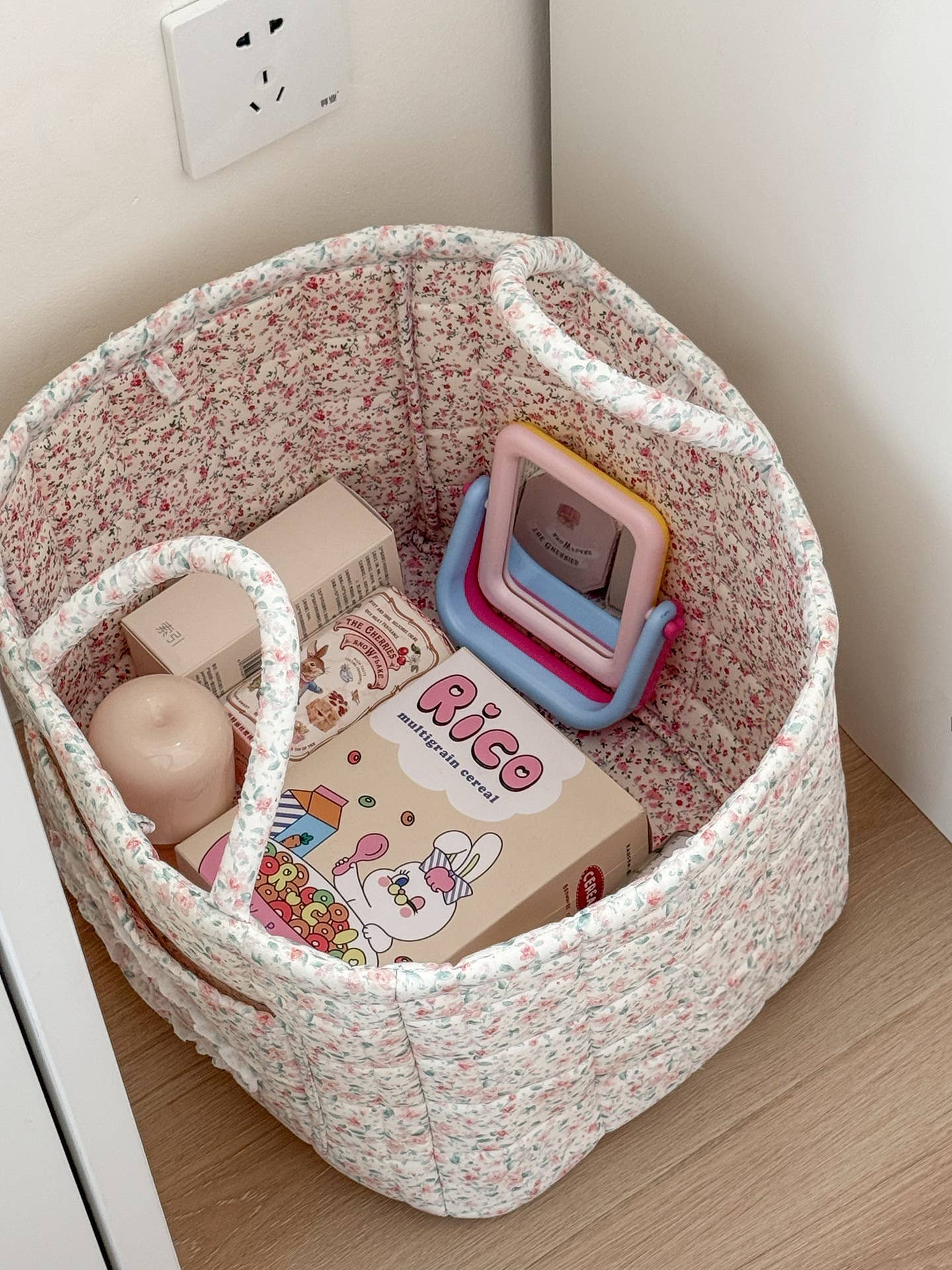 Pink Quilted Floral Laundry Basket Boho Storage basket
