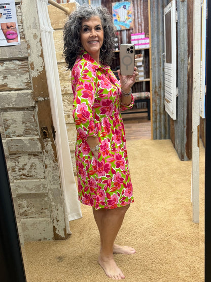 Floral Print Collared Shirt Dress w/ Pockets: LIME PINK