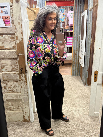 UMGEE Black Mixed Floral Print Button Down Blouse
