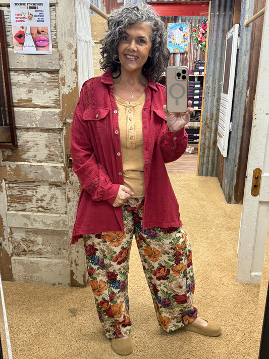 RED WINE SHARKBITE SOFT WASHED COTTON GAUZE TUNIC