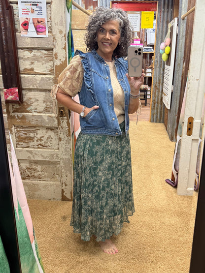 Floral Print Hunter Green Pleated Skirt