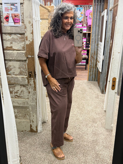 BROWN RELAXED FIT TOP AND WIDE LEG CROPPED PANTS SET