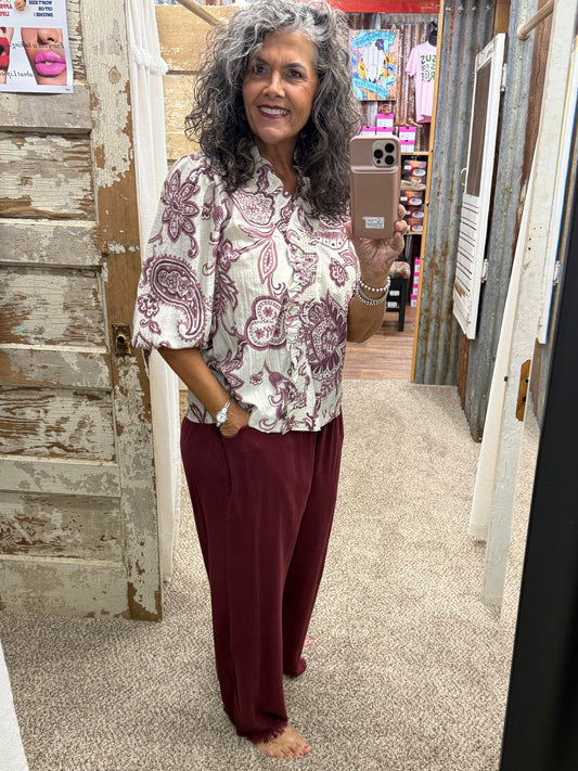 UMGEE Eggplant Abstract Print Top with Smocked Ruffled Details