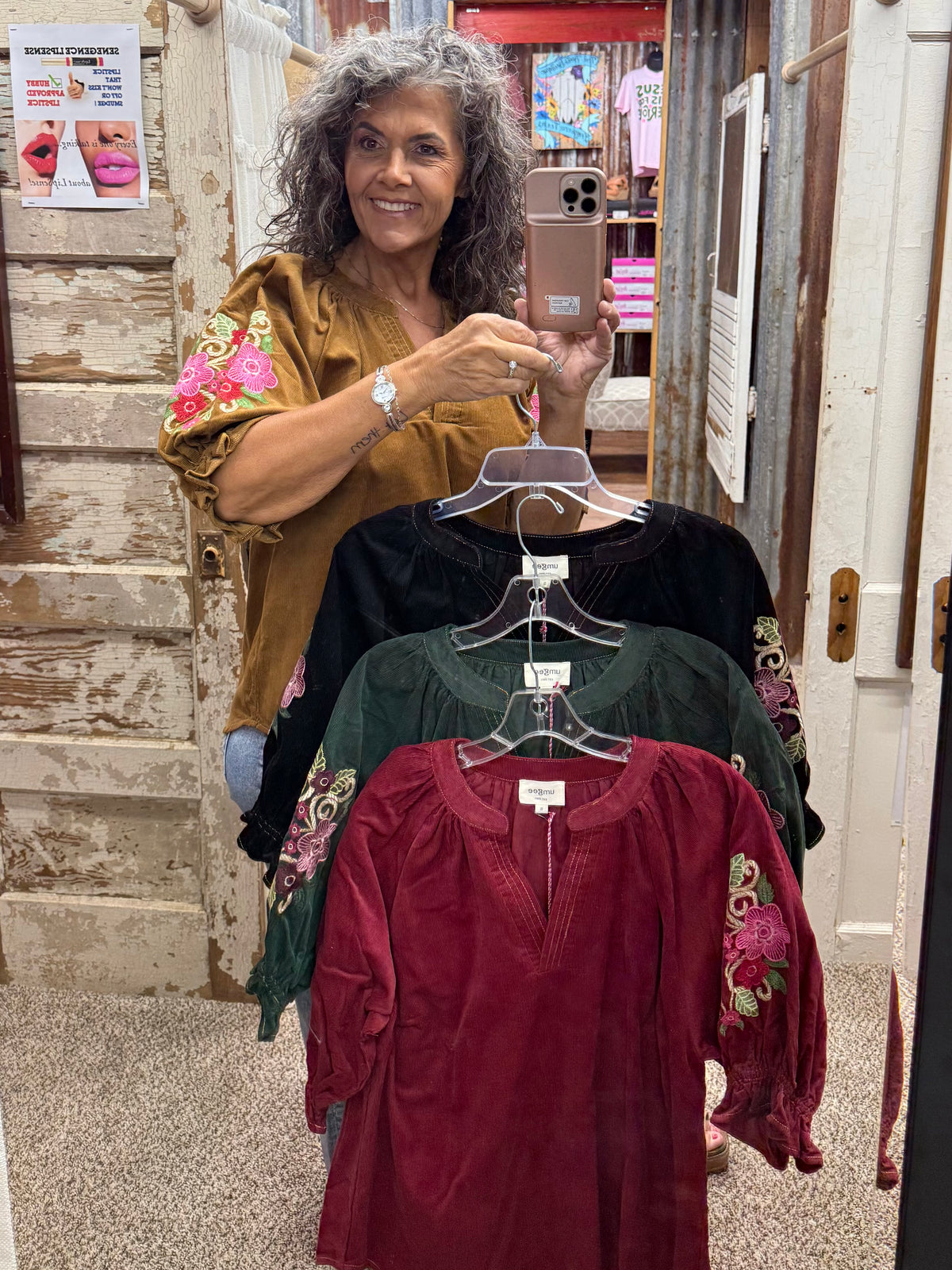 UMGEE Camel Embroidered Sleeve Corduroy Blouse