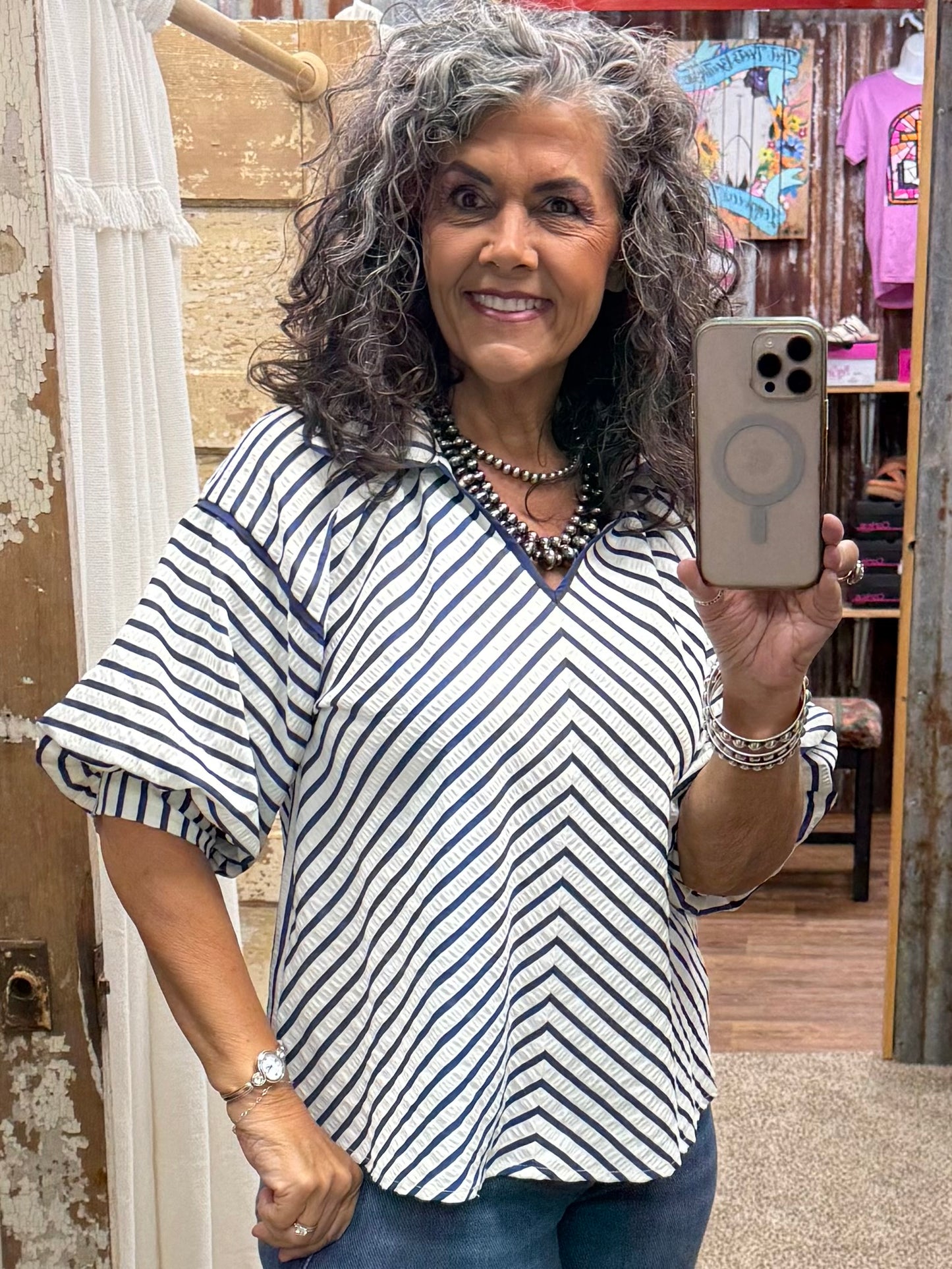 UMGEE Navy Chevron Stripe Collared Relaxed Top