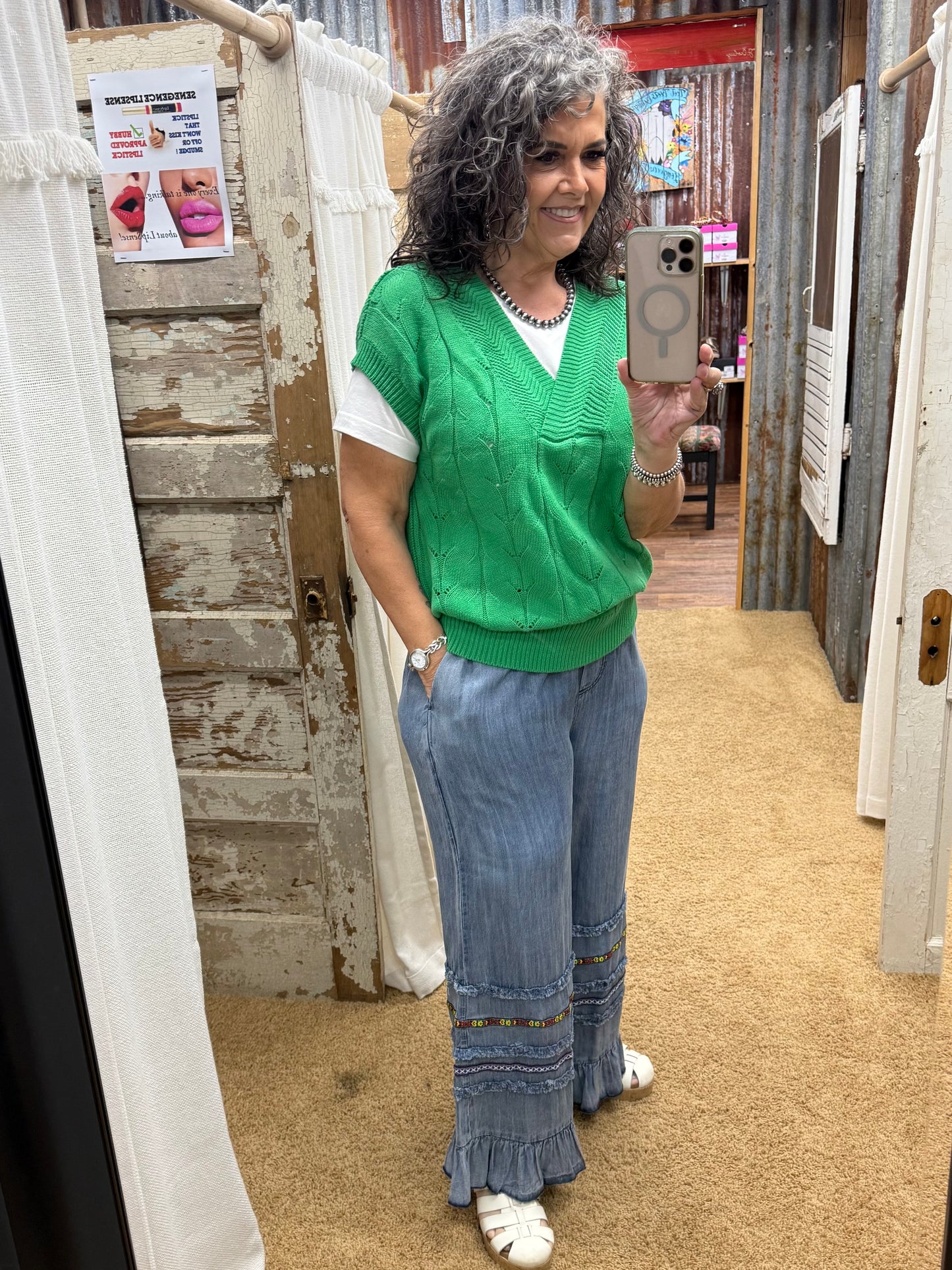 Green Dolman Short Sleeve Cable Sweater Top