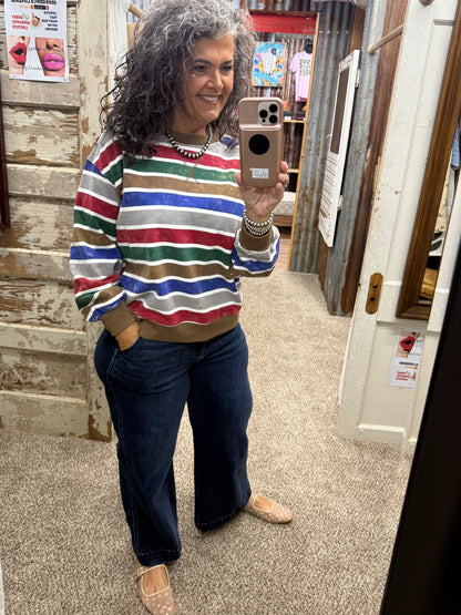 Mineral Washed Terry Stripe Pullover: BROWN COMBO