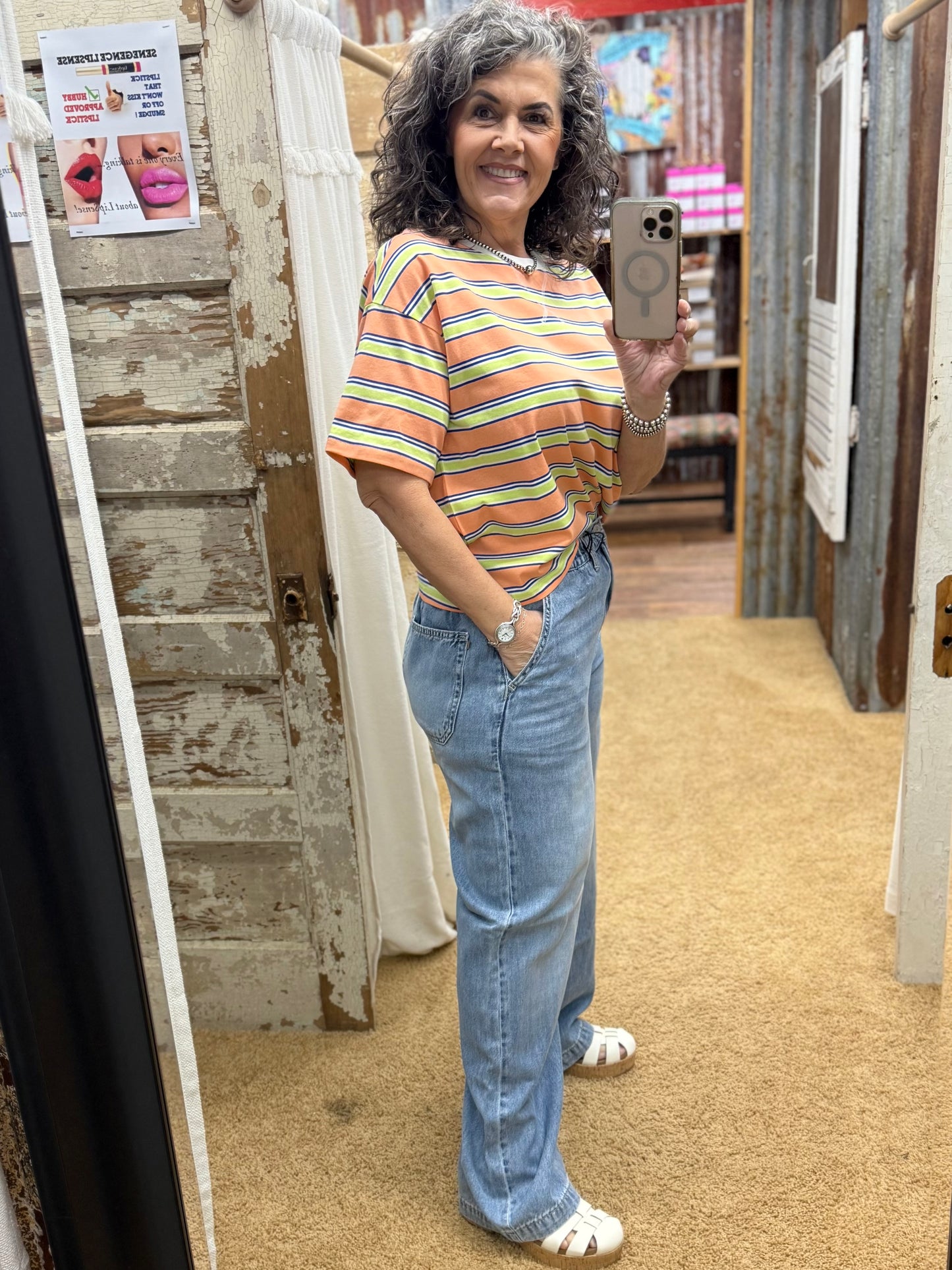 Striped Short Sleeve Relaxed Fit Knit Top: APRICOT COMBO