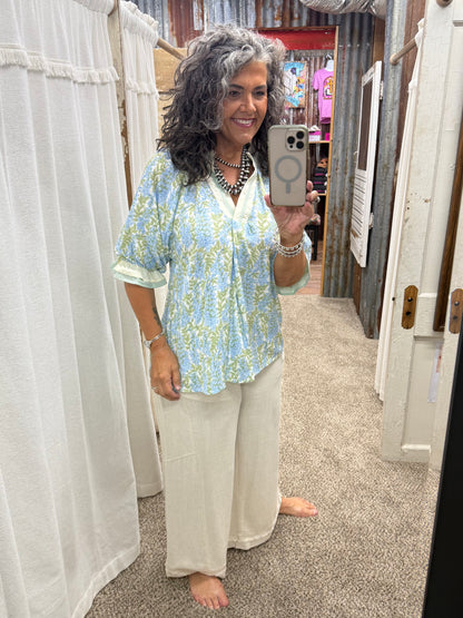UMGEE Oatmeal Linen Elastic Waist Wide Leg Pants
