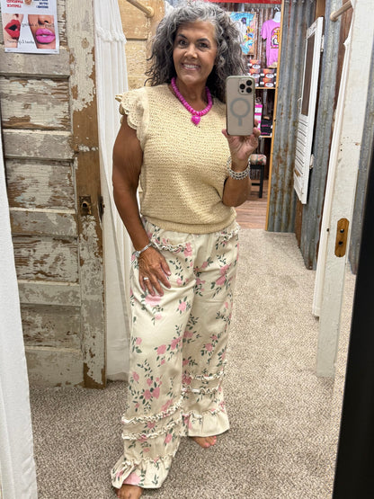 WASHED FLOWER PRINTED TWILL RUFFLED DETAIL WIDE PANTS