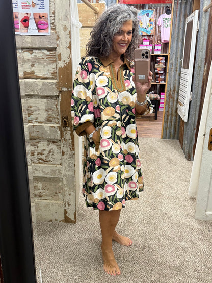 UMGEE Black MIx Mix Floral Contrast Trim Shift Mini Dress