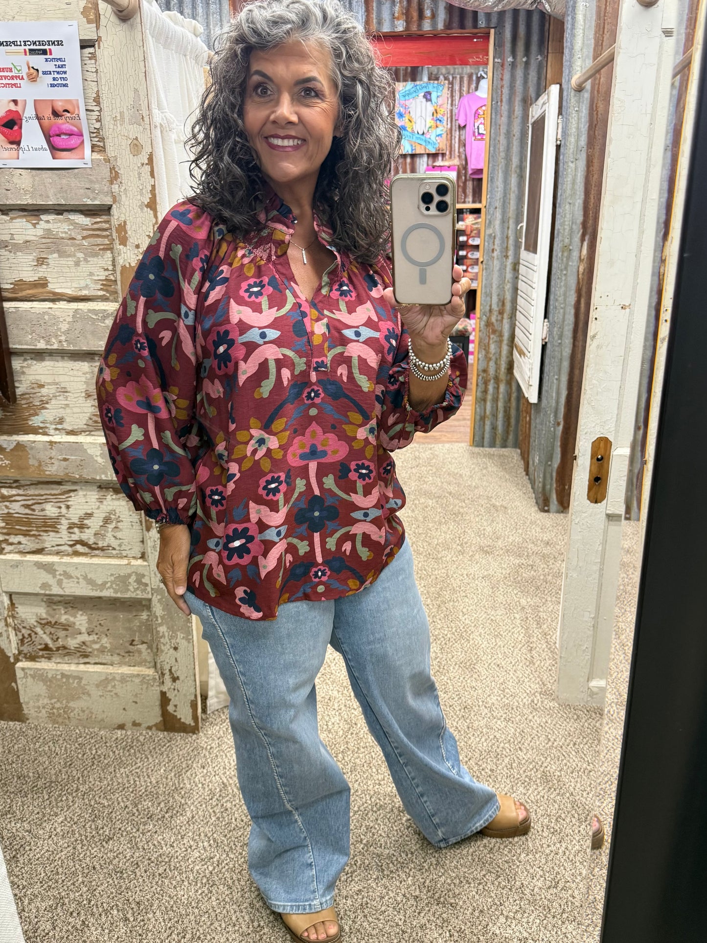 UMGEE Burgundy Floral Print Split Neck Blouse