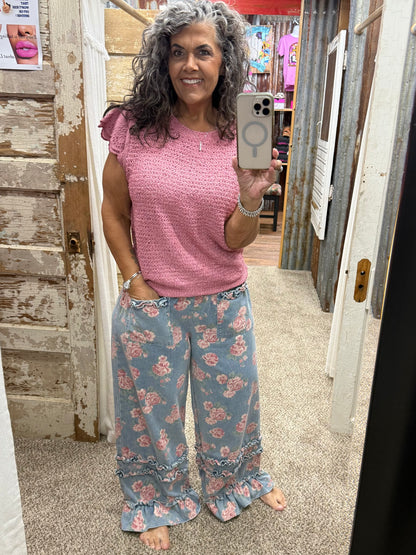 WASHED FLORAL DENIM WITH RUFFLE ELASTIC WIDE PANTS