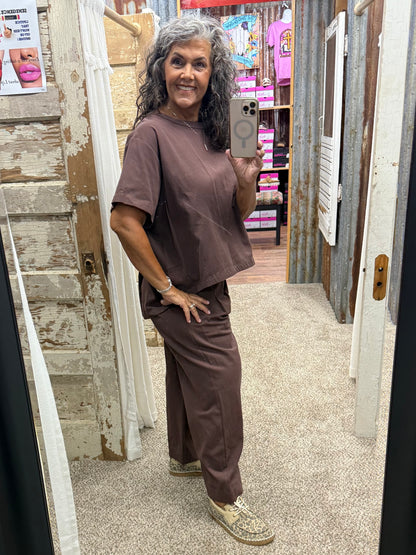 BROWN RELAXED FIT TOP AND WIDE LEG CROPPED PANTS SET