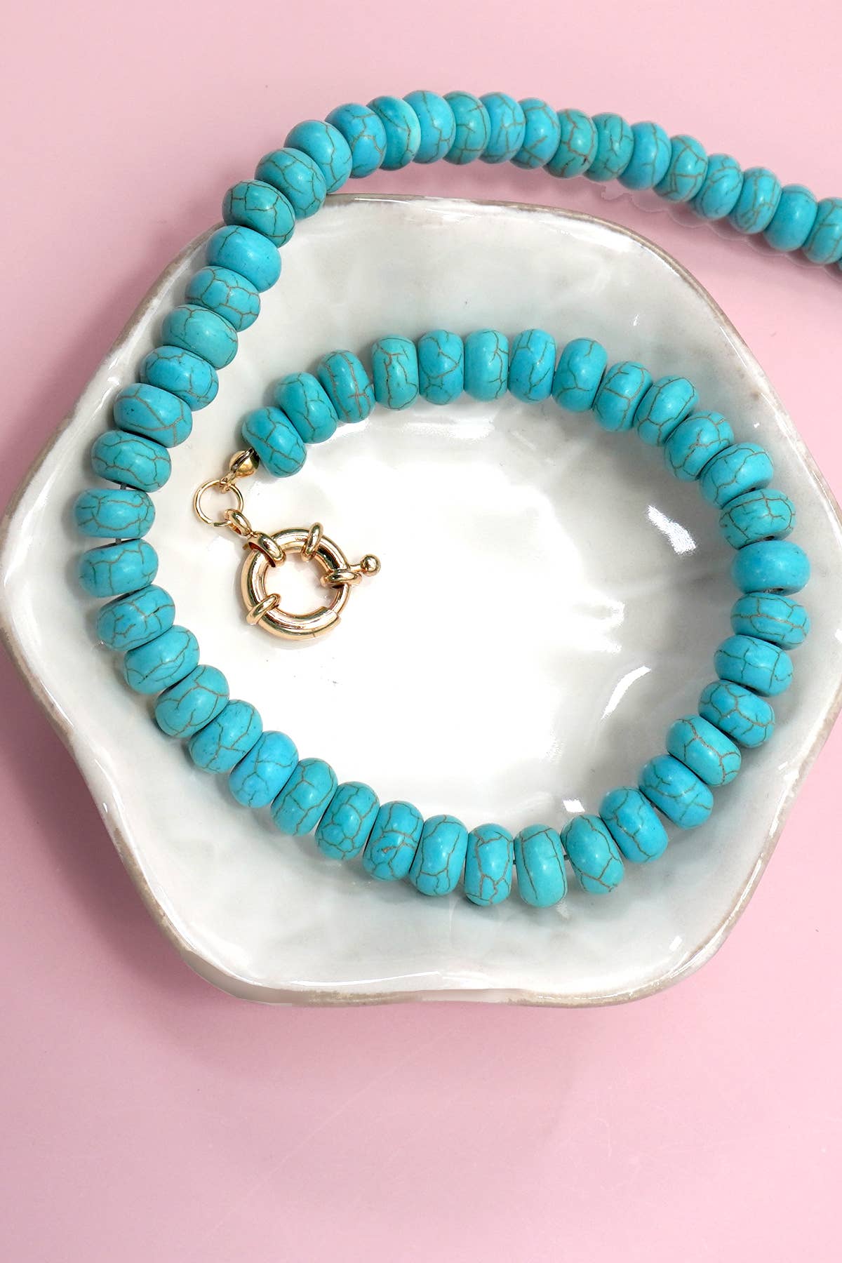 NATURAL STONE CHARM  SPRING CLASP BEADED NECKLACE | 40NK9461: TURQUOISE