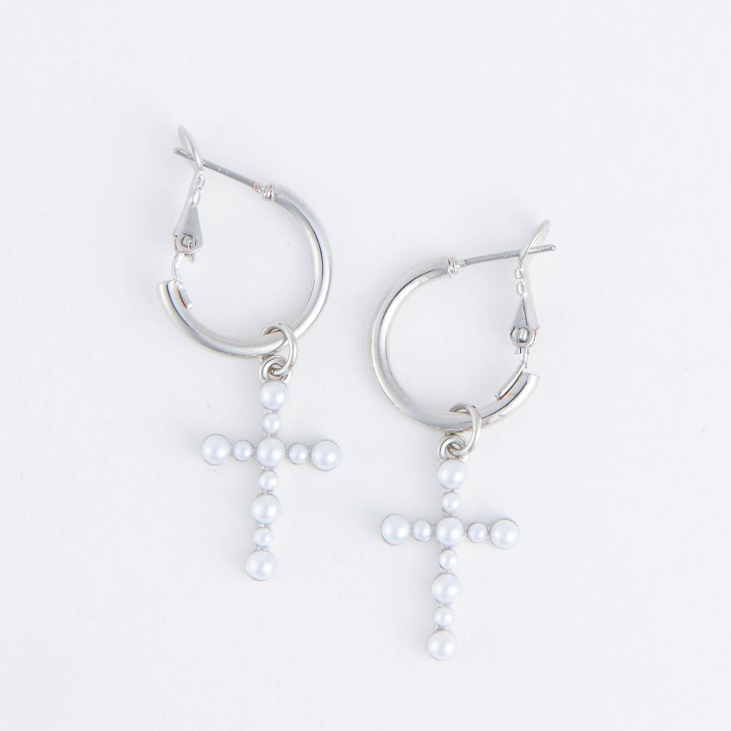 Cera Inspirational Pearl Cross Earrings: Silver