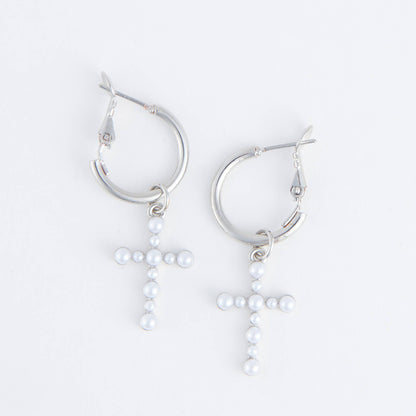 Cera Inspirational Pearl Cross Earrings: Silver
