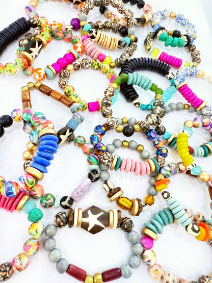 Audra Style Stretchy Stacking Bracelet - Leopard Pattern Turquoise Chartreuse Pink