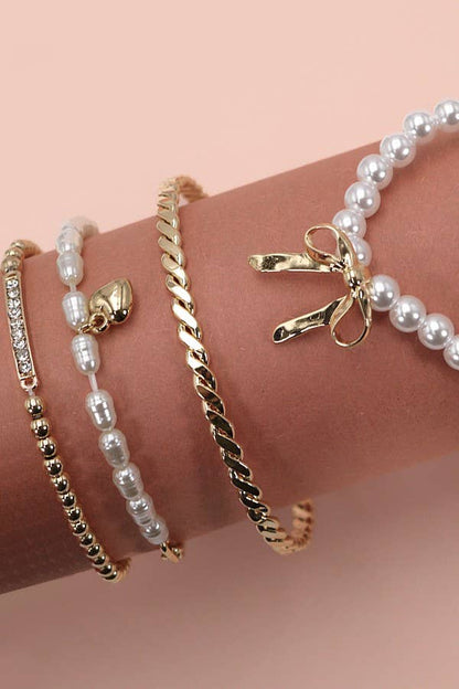 BOW PEARL RHINESTONE BAR STRETCH BANGLE SET | 80B137: GOLD
