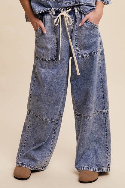 Wide-Leg Denim Drawstring Pants