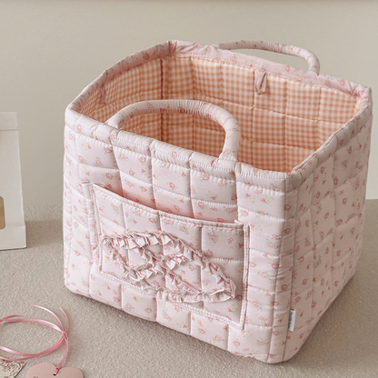 Pink Quilted Storage Basket Boho Organizer Tote