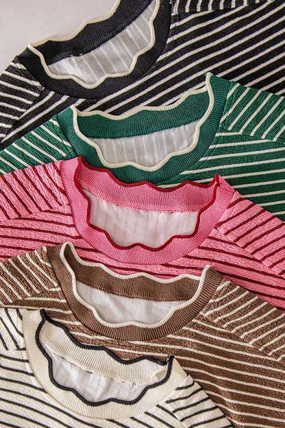 Scallop Trim Stripe Knit Top: GREEN STRIPE