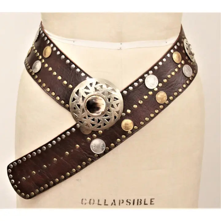 Coin-Embellished Leather Belt - Brown