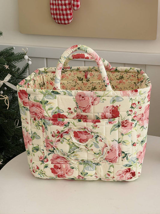 Beige Quilted Storage Basket Boho Organizer Basket