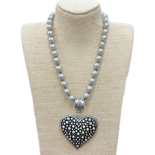 Bubble Heart Pendant on Faux Navajo Pearl Necklace