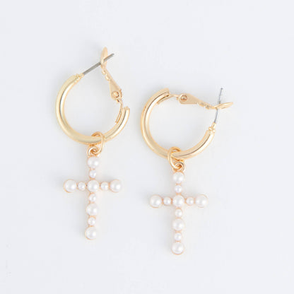 Cera Inspirational Pearl Cross Earrings: Gold