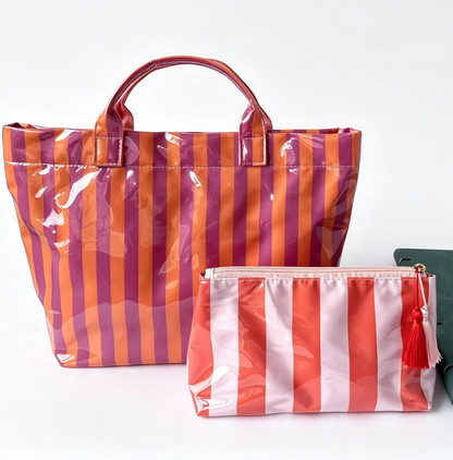 Colorful Color Block Striped Tote Bag Snap Waterproof Beach Bag Set