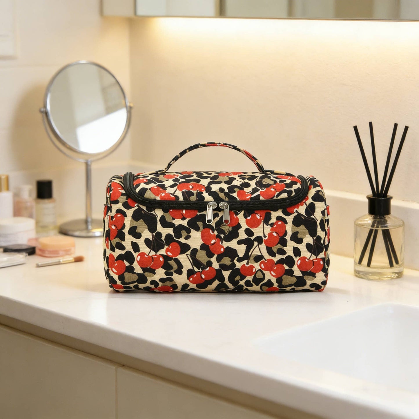 Cherry Color-block Striped Hair Tool Storage Bag Travel Carry Case