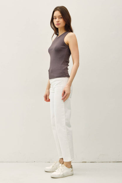 CHARCOAL BASIC COTTON GARMENT DYED ROUND NECK TANK