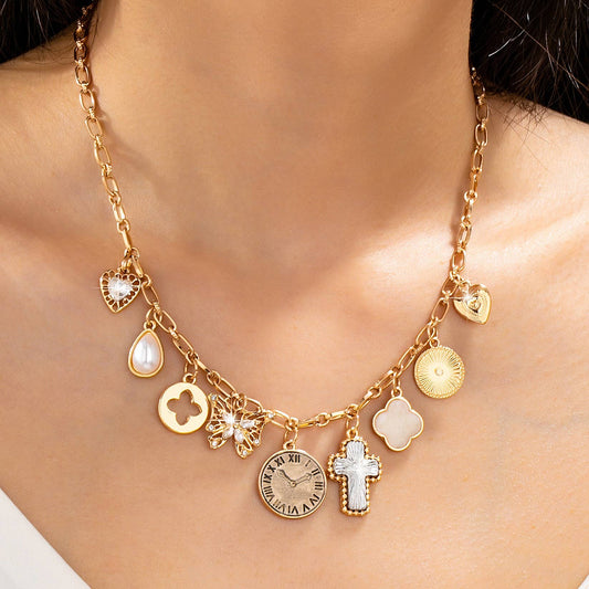 Eclectic Celestial & Vintage Charm Necklace | 80N93123: Gold