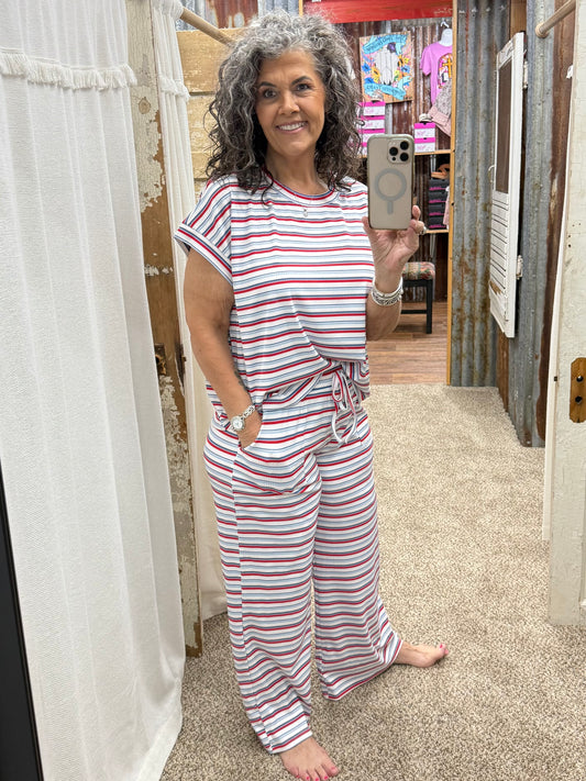 4th of July Americana Ribbed Striped Lounge Set: RED/BLUE/WHITE