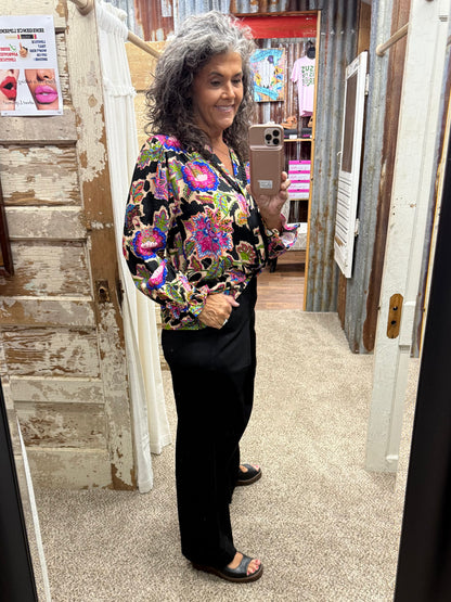 UMGEE Black Mixed Floral Print Button Down Blouse
