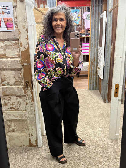 UMGEE Black Mixed Floral Print Button Down Blouse