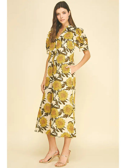 Golden Sunflower Puff Sleeve Midi Dress