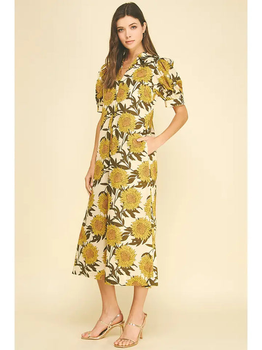Golden Sunflower Puff Sleeve Midi Dress