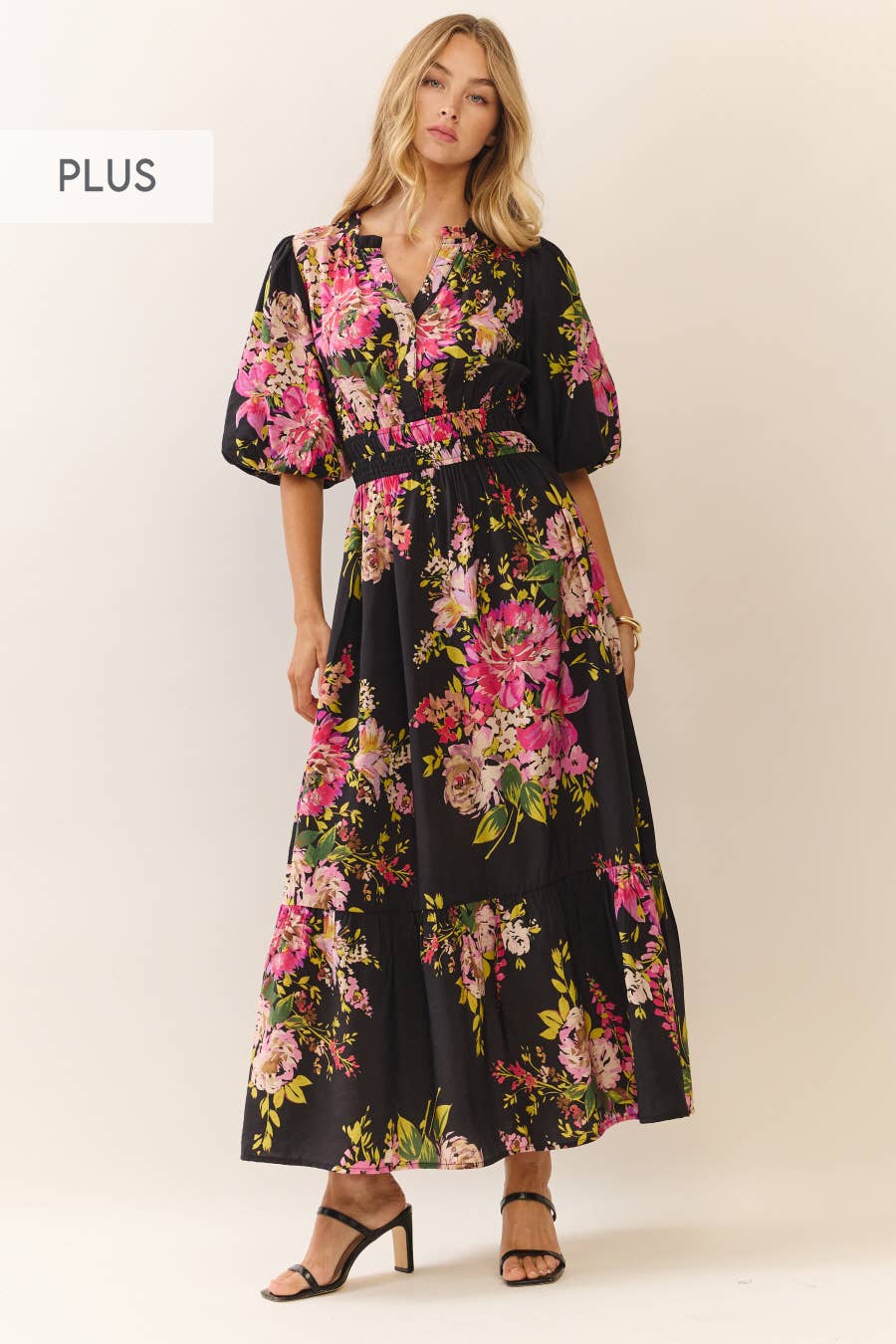 Black Floral Print Midi Dress
