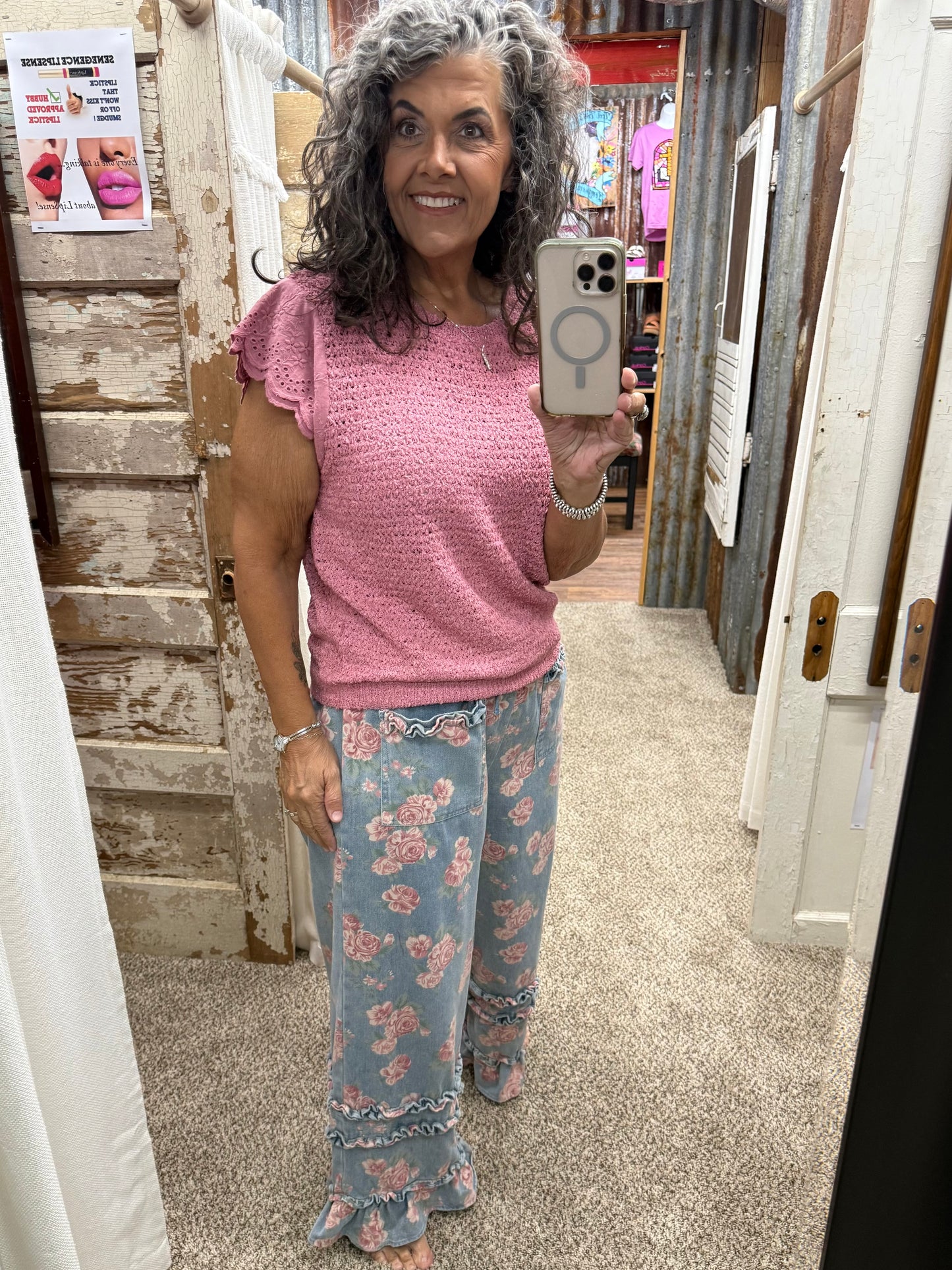 WASHED FLORAL DENIM WITH RUFFLE ELASTIC WIDE PANTS