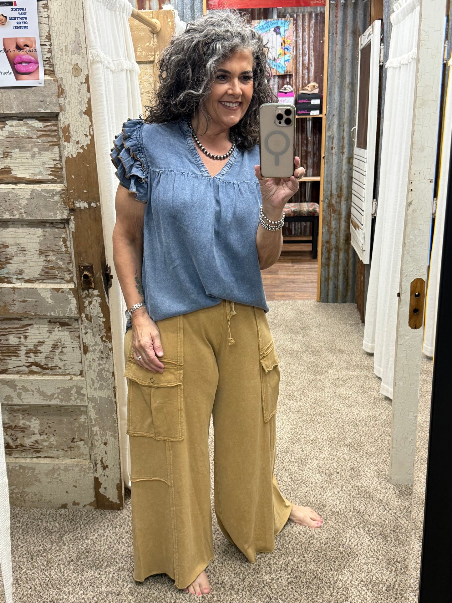Ruffle Sleeve Mineral Washed Tencel Top: DENIM