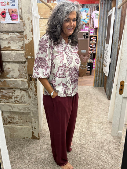 UMGEE Eggplant Abstract Print Top with Smocked Ruffled Details