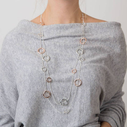 Hammered Long Multi Ring Multi Strand Necklace: Silver