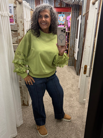 APPLE GREEN LACE SLEEVES CONTRAST TERRY PULLOVER