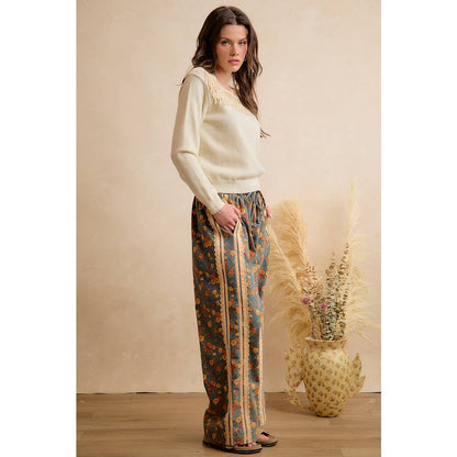 WASHED FLORAL DENIM SIDE LACE TRIM ELASTIC PANTS