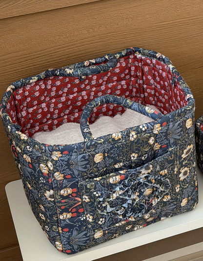 Navy Quilted Storage Basket Boho Organizer Tote