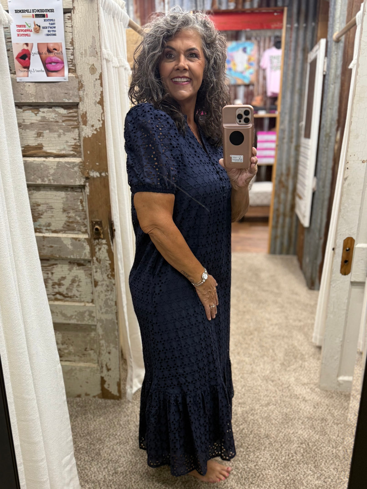 Entro Navy Eyelet Midi Dress